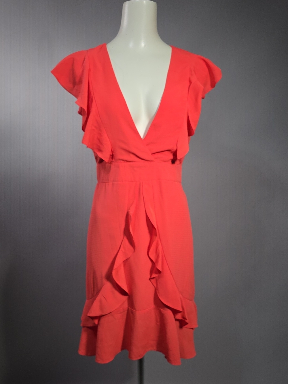 Coral V-Neck Ruffle Mini Dress